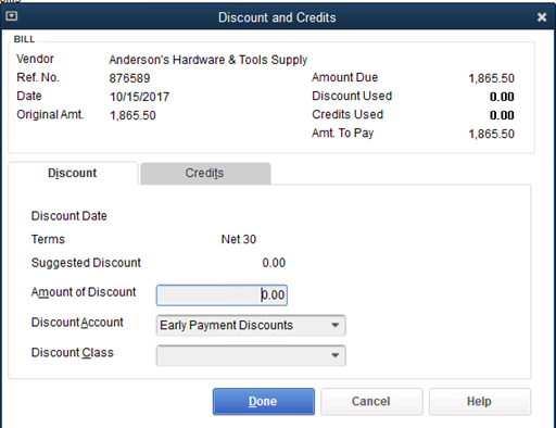 Discount and credits option in Quickbooks
