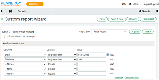 Sage Intacct Custom Report - Choose Report Filters