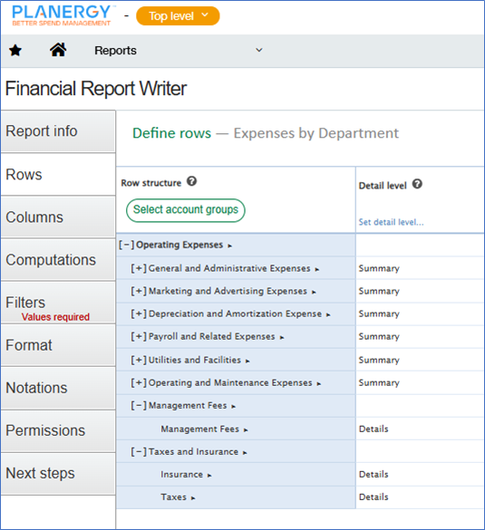Sage Intacct - Select the Data Row Structure for the Report