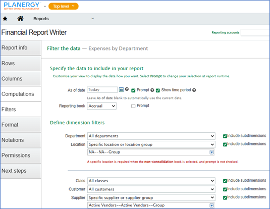 Sage Intacct - Select the Filters for the Report
