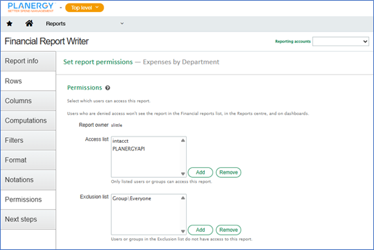 Sage Intacct - Select the Permissions for the Report